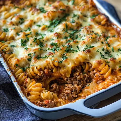 Ein köstlicher Auflauf aus Spiralnudeln, Hackfleisch und Käse, garniert mit frischer Petersilie.