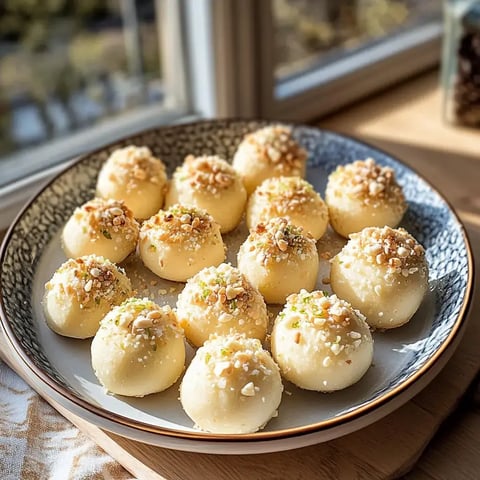 Eine Schüssel mit rundem, weißem Gebäck, das mit gehackten Nüssen und grünen Kräutern dekoriert ist, steht vor einem Fenster.