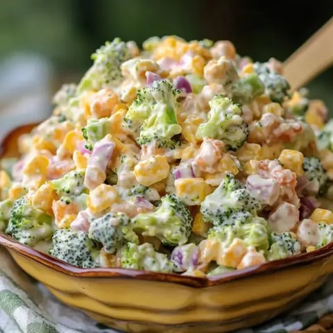 Ein farbenfroher Brokkoli-Mais-Salat in einer Schüssel, garniert mit einer cremigen Sauce.