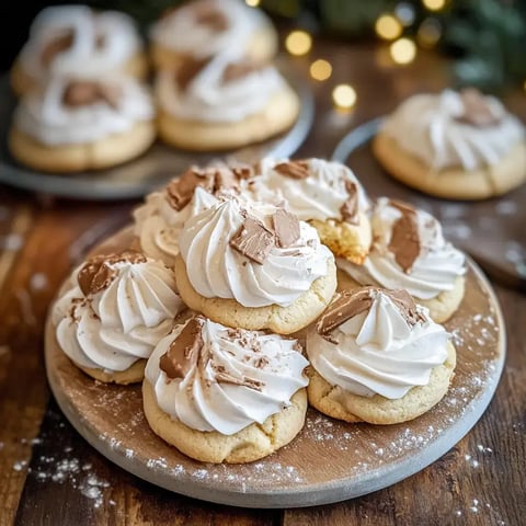 Ein plattierter Stapel von cremig behüteten Keksen mit Schokoladenstückchen, umgeben von festlichem Ambiente.