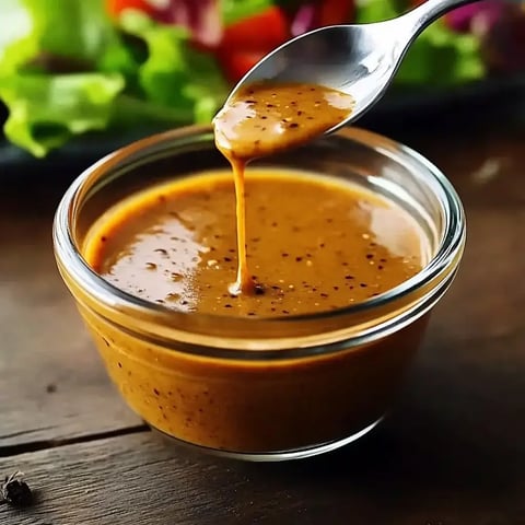 Ein Glas mit einer cremigen, bräunlichen Sauce wird von einem Löffel benetzt, während im Hintergrund frischer Salat sichtbar ist.