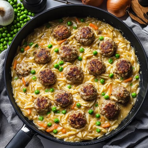 Eine Pfanne mit Frikadellen, Reis, Erbsen und Karotten in einer cremigen Sauce.