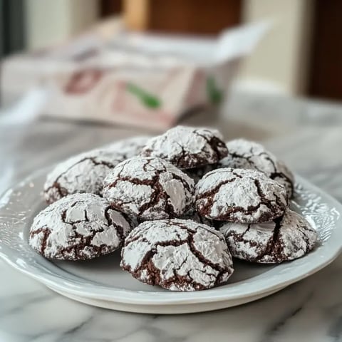 Ein Teller mit schokoladigen Keksen, die mit Puderzucker bestäubt sind, steht auf einem Tisch.