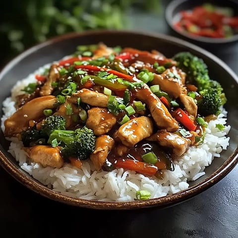 Ein Teller mit Reis, darauf Hähnchenbruststücke, Brokkoli, Paprika und frischen Frühlingszwiebeln in einer dunklen Sauce.