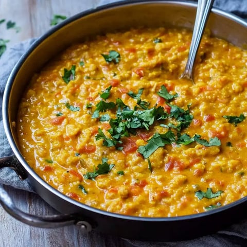 Ein herzhaftes Gericht aus gelben Linsen, verfeinert mit Tomaten und frischem Koriander.