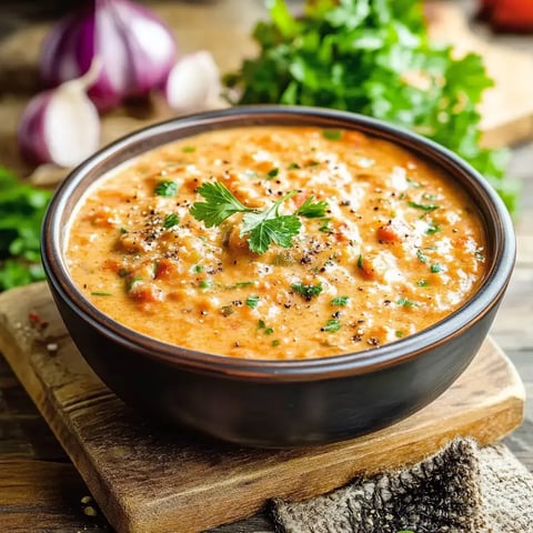 Eine Schüssel mit cremiger Tomatensuppe, garniert mit frischem Koriander und schwarzen Pfefferkörnern, auf einem Holzbrett.