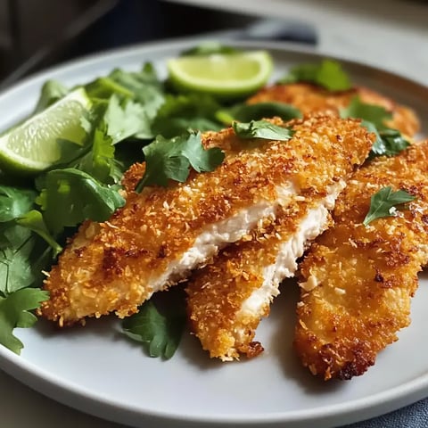 Ein Teller mit paniertem Fisch, garniert mit frischem Koriander und Limettenscheiben.