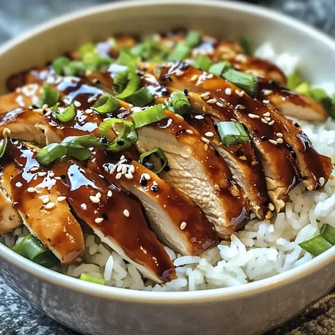 In einer Schüssel liegen geschnittene Hähnchenbrust mit einer glänzenden Sauce und Frühlingszwiebeln auf einem Bett aus weißem Reis.