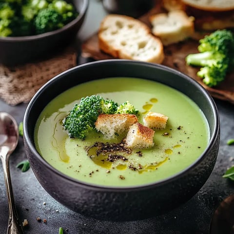 Eine grüne Brokkolicremesuppe mit Brokkoliröschen, gerösteten Brotstückchen und einem Schuss Olivenöl in einer schwarzen Schüssel.