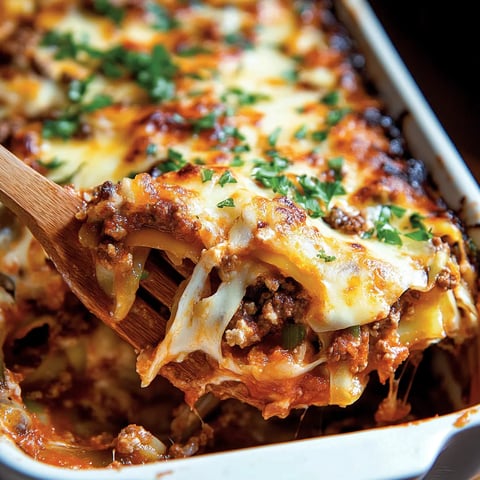 De"-licious lasagna in a white dish.
