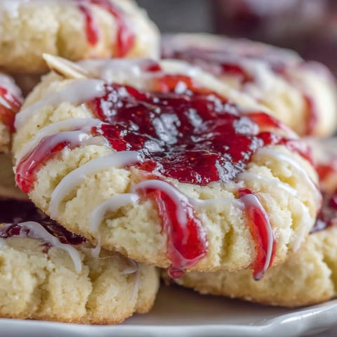 A plate of cookies with white icing and red jam.