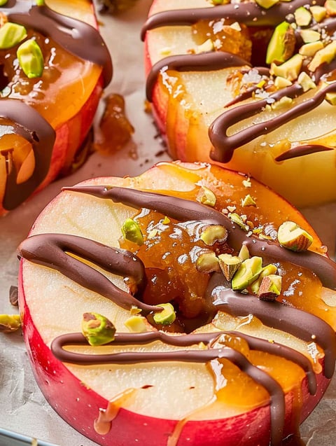 Caramel apple slices with chocolate drizzle.