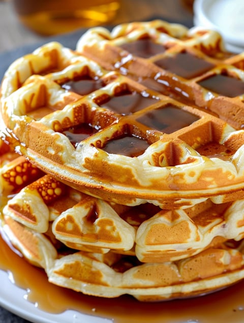 A stack of waffles with syrup on top.