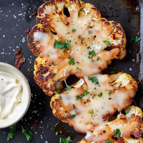A marinated cauliflower steak with cheese.