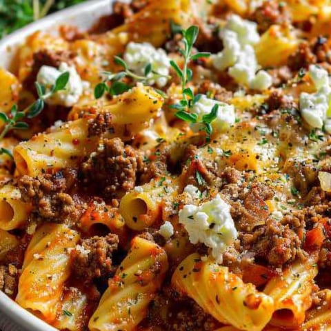 A bowl of pasta with feta cheese and meat.