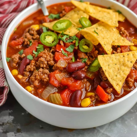 A bowl of chili with a spoon in it.