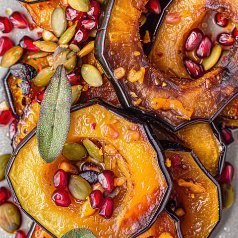 Sweet and spicy roasted acorn squash slices.