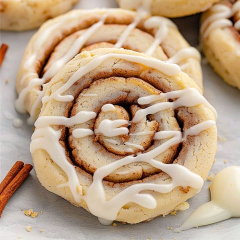A cinnamon roll cookie with white icing.