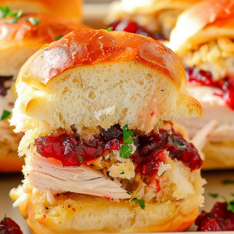 A plate of turkey sliders with cranberry sauce.