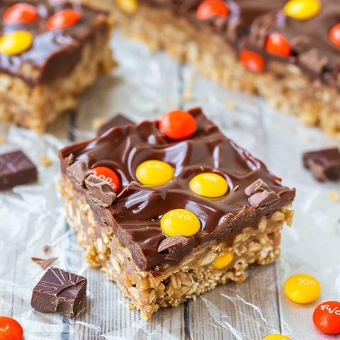 A piece of chocolate peanut butter candy bar.