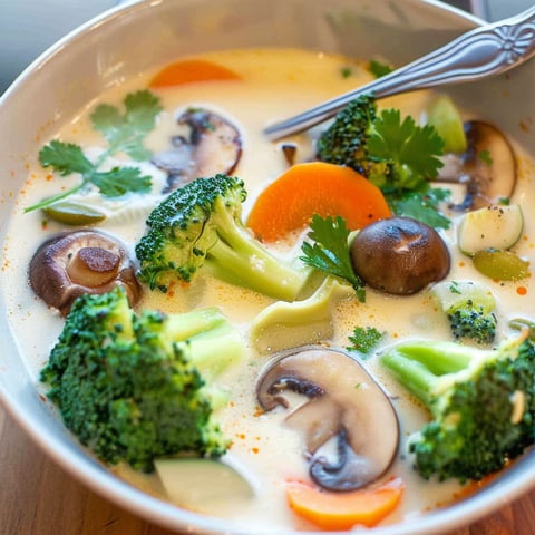 A bowl of soup with broccoli, carrots, and mushrooms.