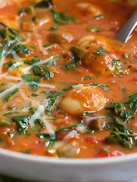 A bowl of soup with tomatoes and cheese.