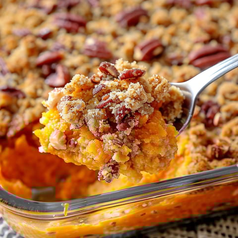 A spoonful of a sweet potato casserole.
