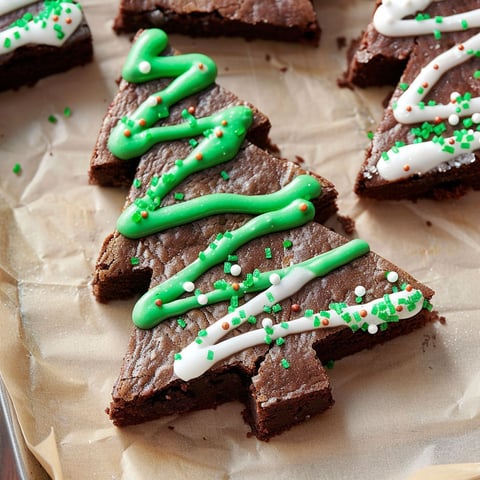 Brownies with green icing and white icing shaped like a christmas tree.