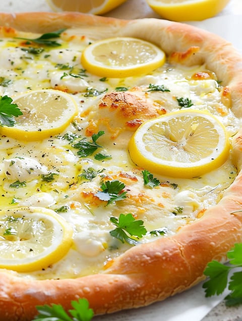 A pizza with lemon slices on top.