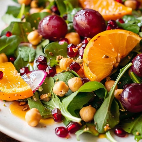 A salad with oranges, cherries, and chickpeas.