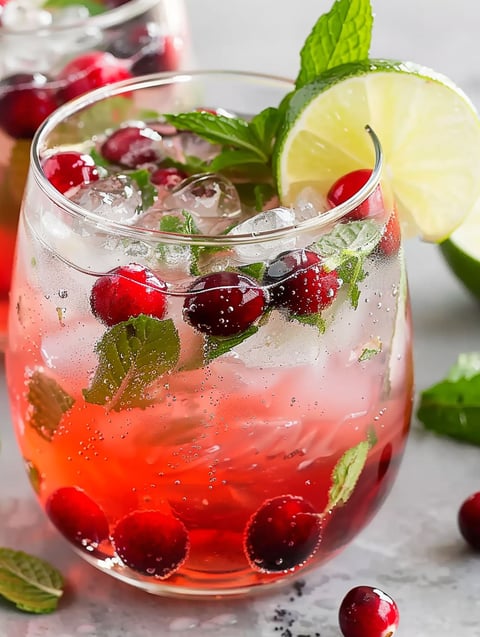 A glass of cranberry mojito with a lemon wedge.