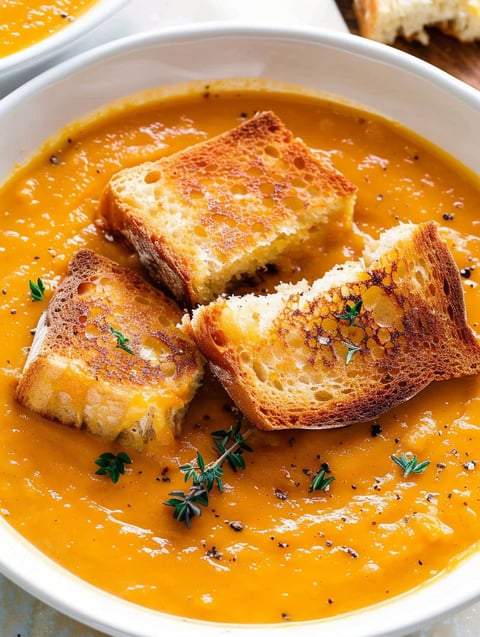 A bowl of spicy pumpkin soup with grilled cheese croutons.