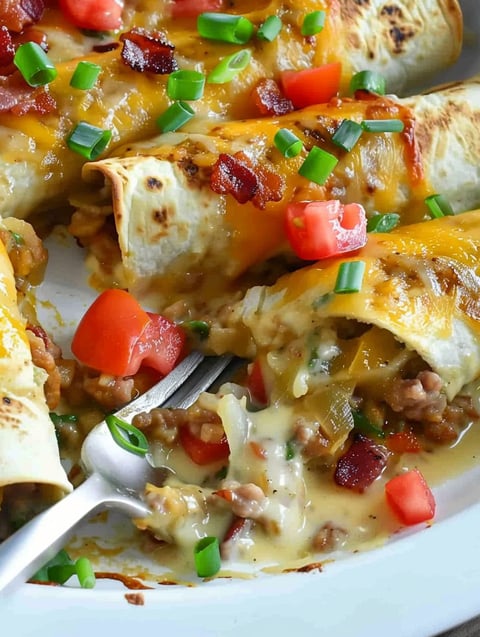 A plate of breakfast enchiladas with tomatoes and cheese.
