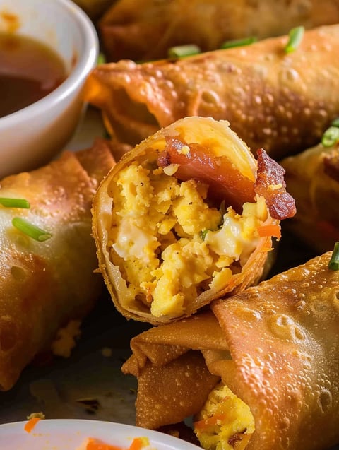 A plate of egg rolls with a bowl of sauce.