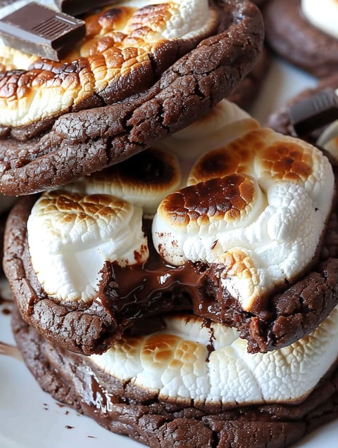 A stack of chocolate chip cookies with marshmallows on top.