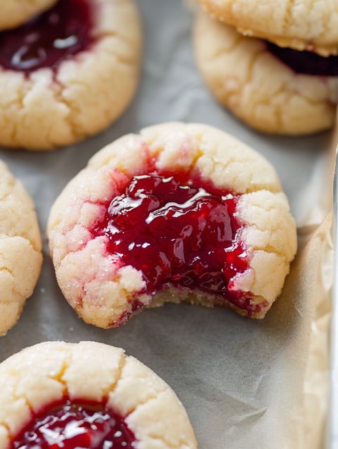 A tray of cookies with jelly in the middle.