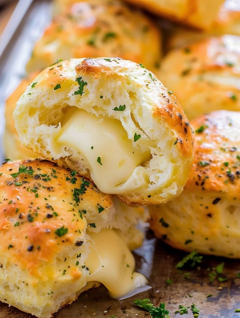 A close up of a stuffed cheese bread.