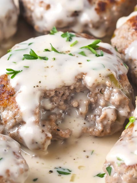 Hamburger steak bake with gravy.