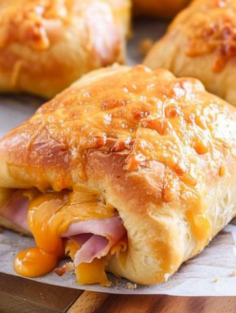 A close up of a hot ham and cheese roll.