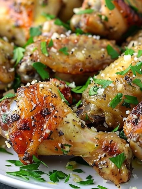 A plate of chicken wings with garlic and Parmesan cheese.