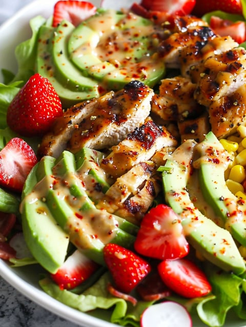 A bowl of chicken salad with strawberries and avocado.
