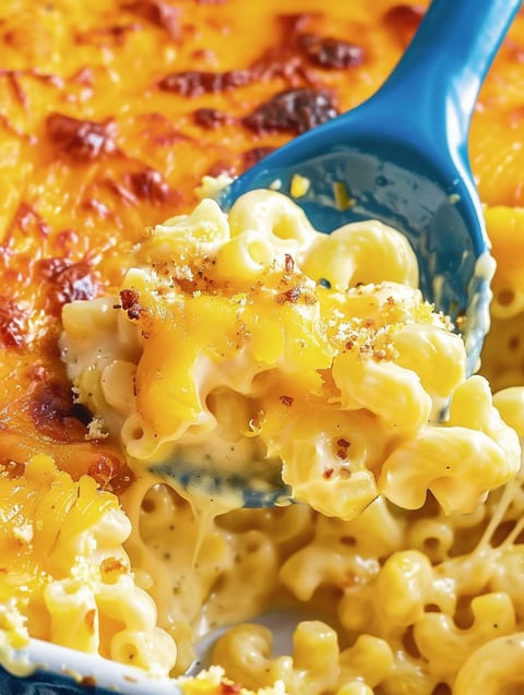 A fork is in a baked mac and cheese.