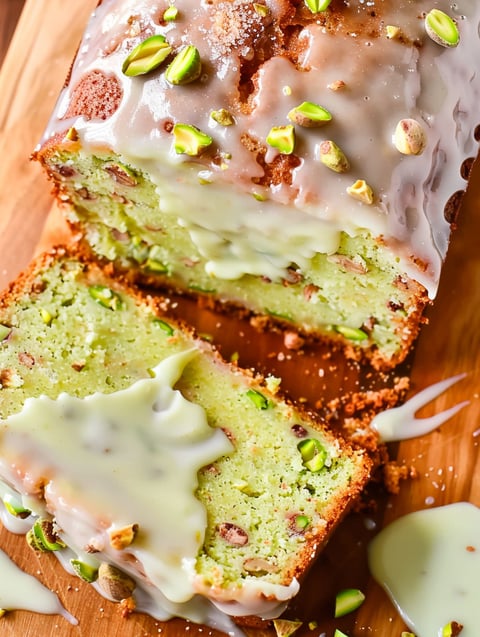 A slice of pistachio bread on a wooden table.