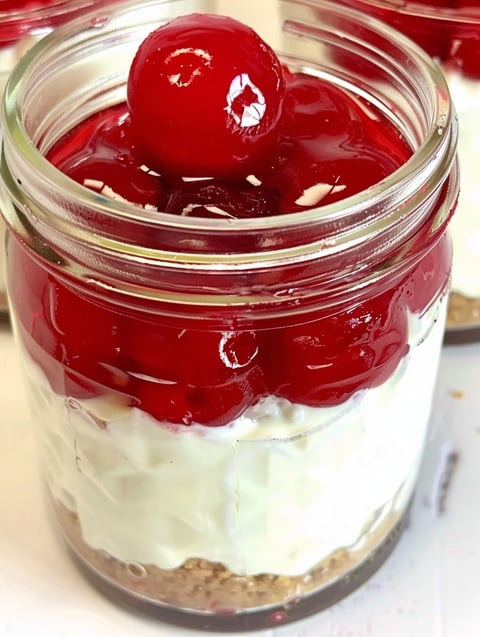 A jar of cherry cheesecake with a cherry on top.