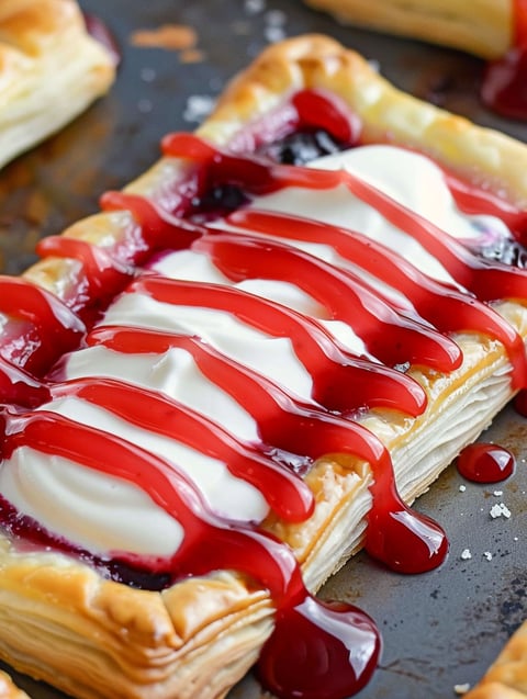 A slice of cherry danish with white frosting.