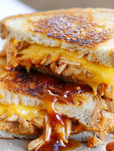 A grilled cheese sandwich with BBQ chicken.