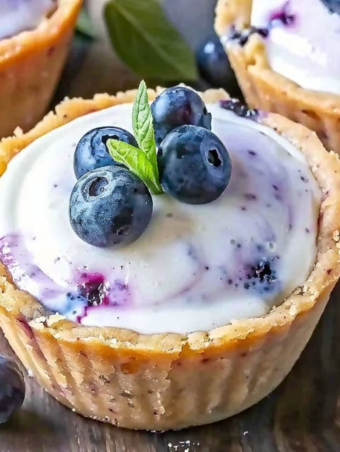 A blueberry cheesecake cookie cup with a blueberry on top.