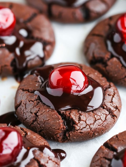 A close up of a chocolate cookie with a cherry on top.