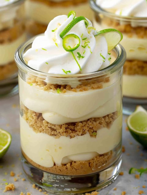 A glass of key lime cheesecake parfait.