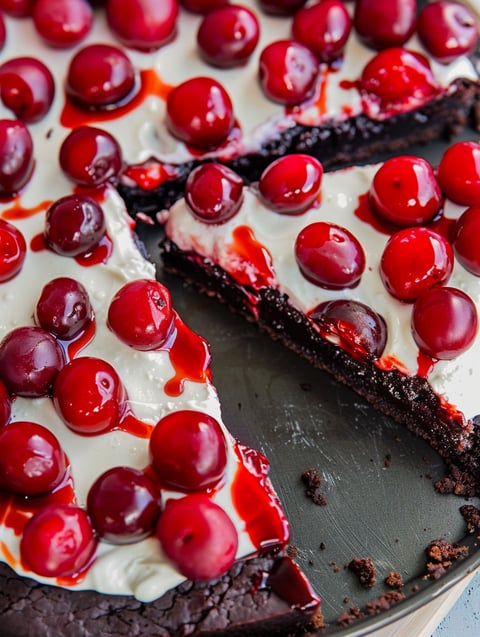 A slice of chocolate cherry brownie dessert pizza.